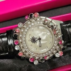 Rare Tupperware Watch with Dangling Beads. Leather strap,  Mother of Pearl face.